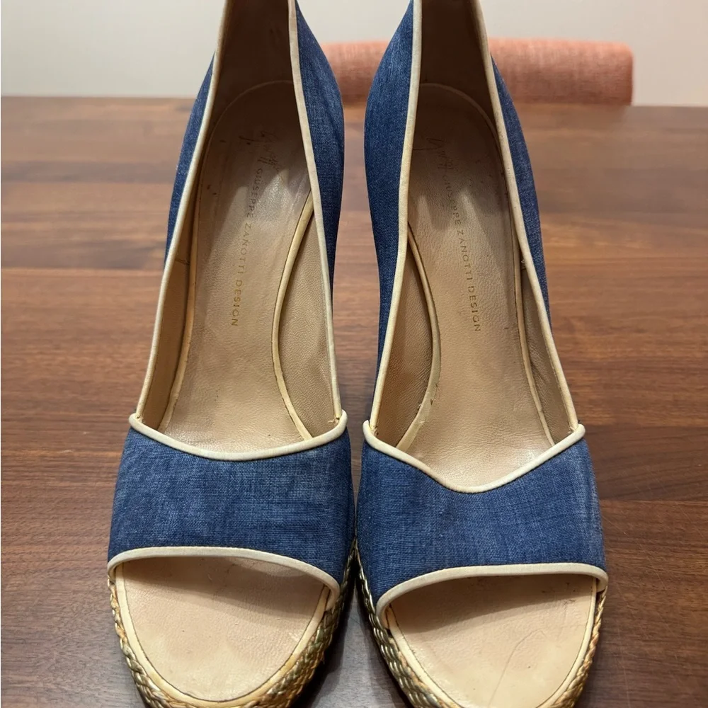 Designer Blue and Tan Espadrille Wedge Sandals - Picture 3 of 5